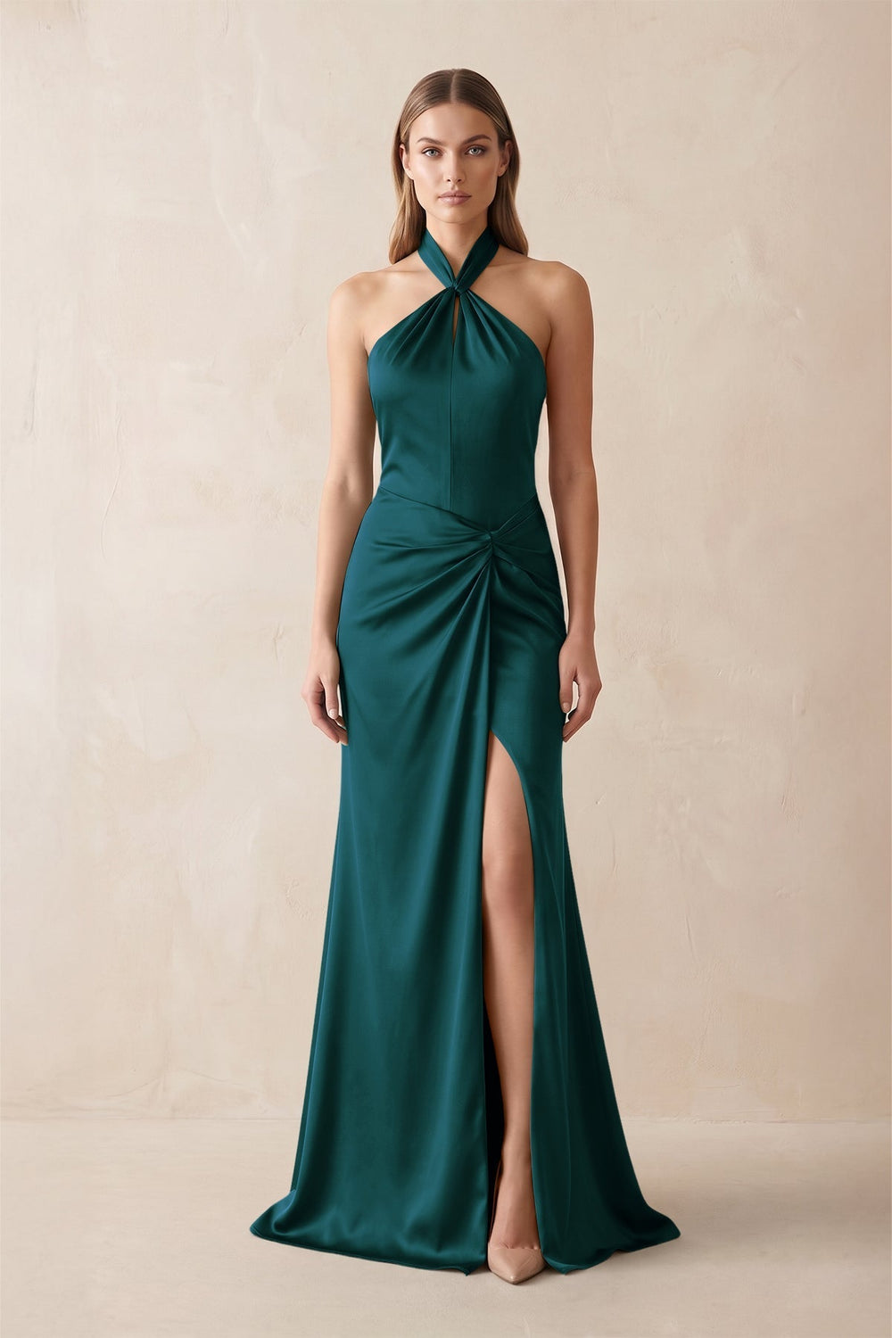 Halter Ruched Sheath Satin Bridesmaid Dress in Pine