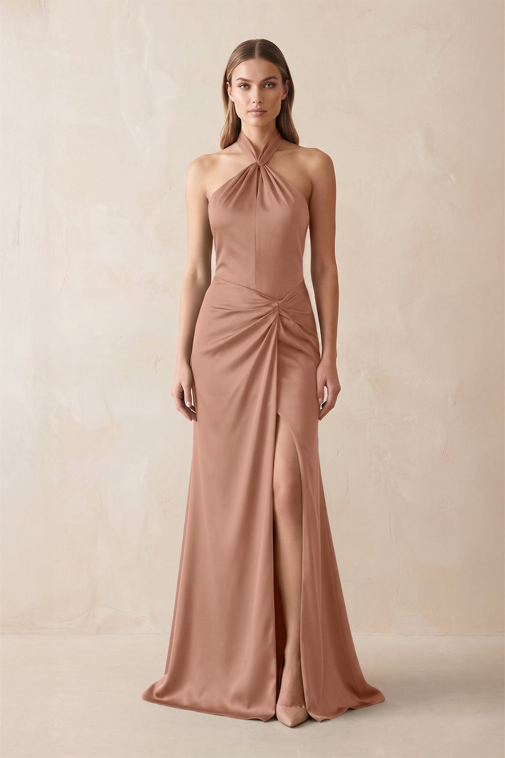 Halter Ruched Sheath Satin Bridesmaid Dress in Rosette