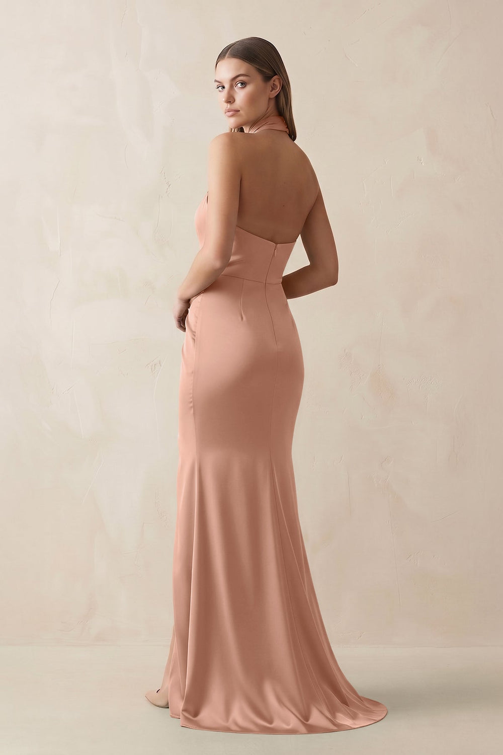 Halter Ruched Sheath Satin Bridesmaid Dress in Rosette