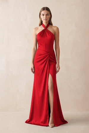Halter Ruched Sheath Satin Bridesmaid Dress in Ruby Red - KISS BRIDAL Bridesmaid Dresses