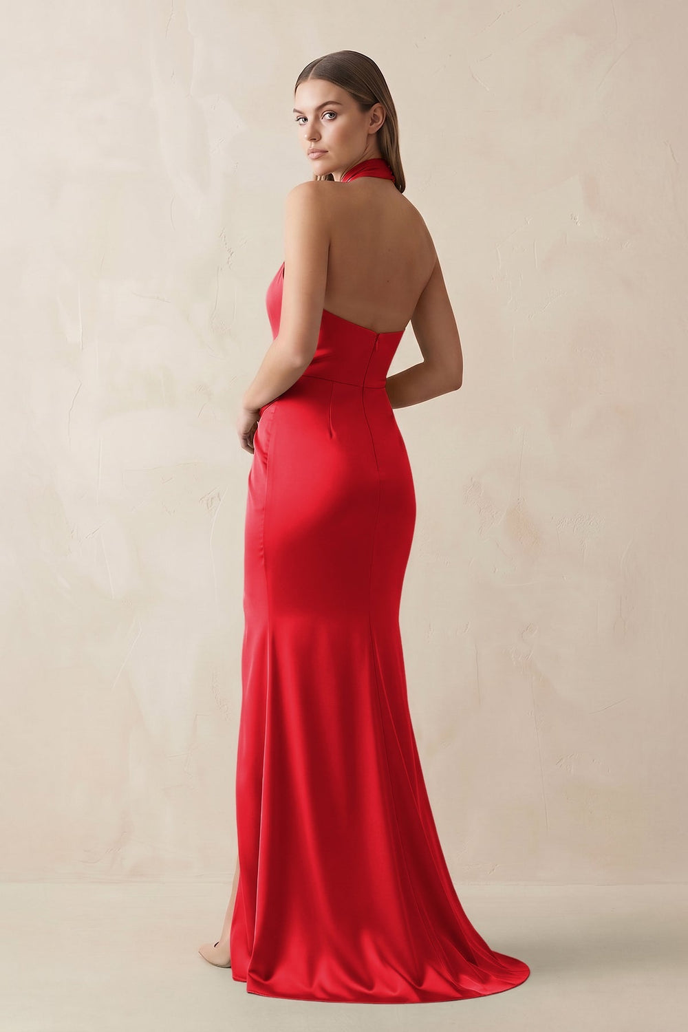 Halter Ruched Sheath Satin Bridesmaid Dress in Ruby Red