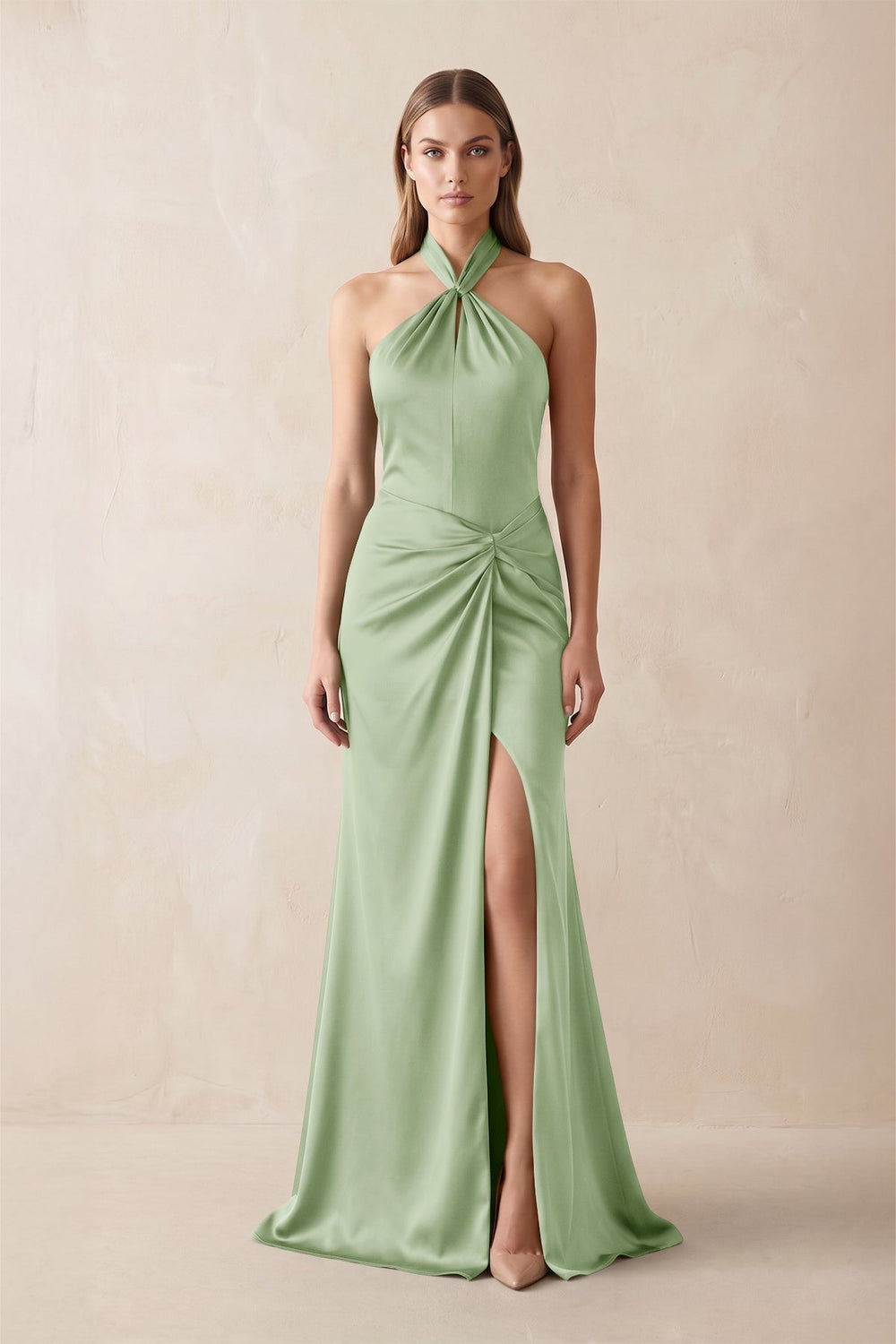 Halter Ruched Sheath Satin Bridesmaid Dress in Sage