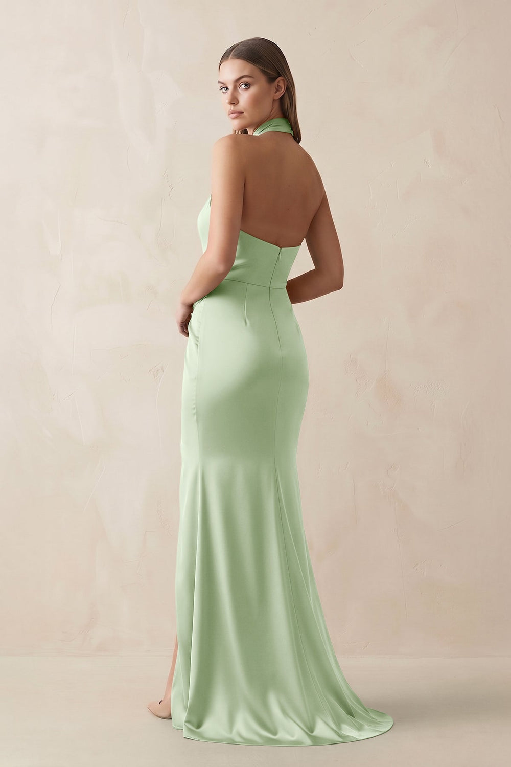 Halter Ruched Sheath Satin Bridesmaid Dress in Sage