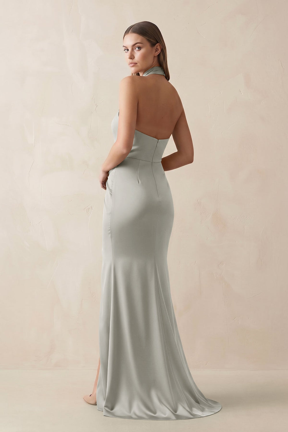 Halter Ruched Sheath Satin Bridesmaid Dress in Silver