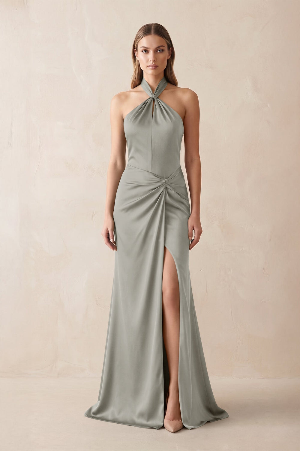 Halter Ruched Sheath Satin Bridesmaid Dress in Silver