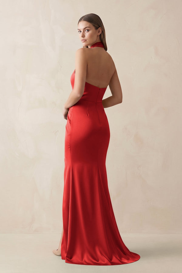 Halter Ruched Sheath Satin Bridesmaid Dress in Spice - KISS BRIDAL Bridesmaid Dresses