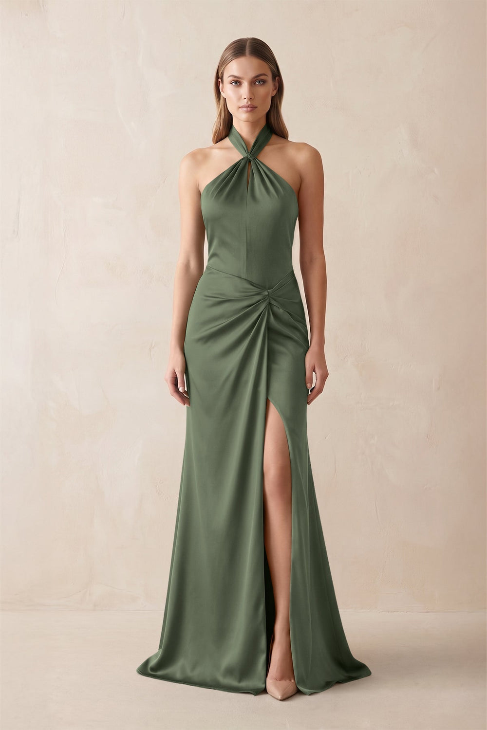 Halter Ruched Sheath Satin Bridesmaid Dress in Thyme