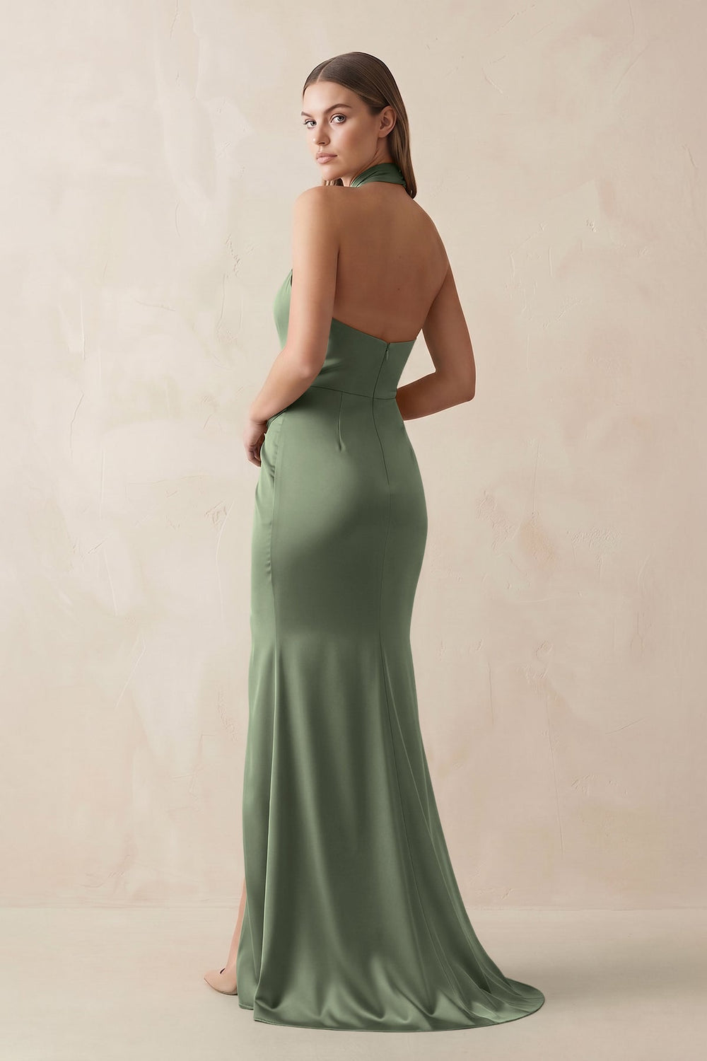 Halter Ruched Sheath Satin Bridesmaid Dress in Thyme