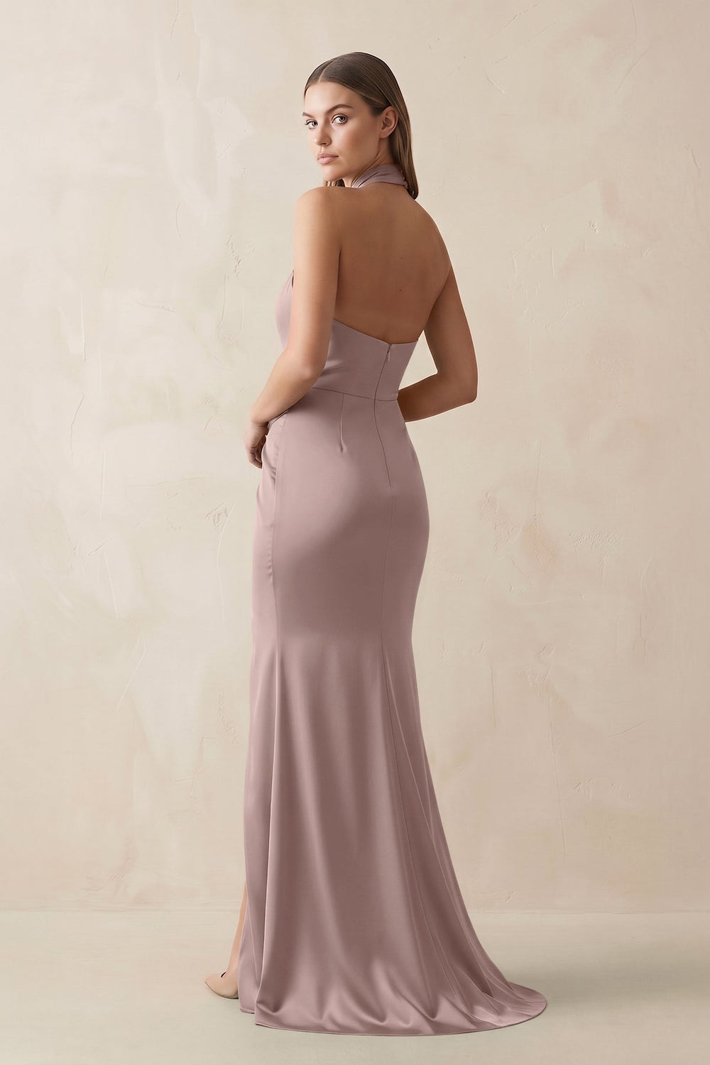 Halter Ruched Sheath Satin Bridesmaid Dress in Toffee
