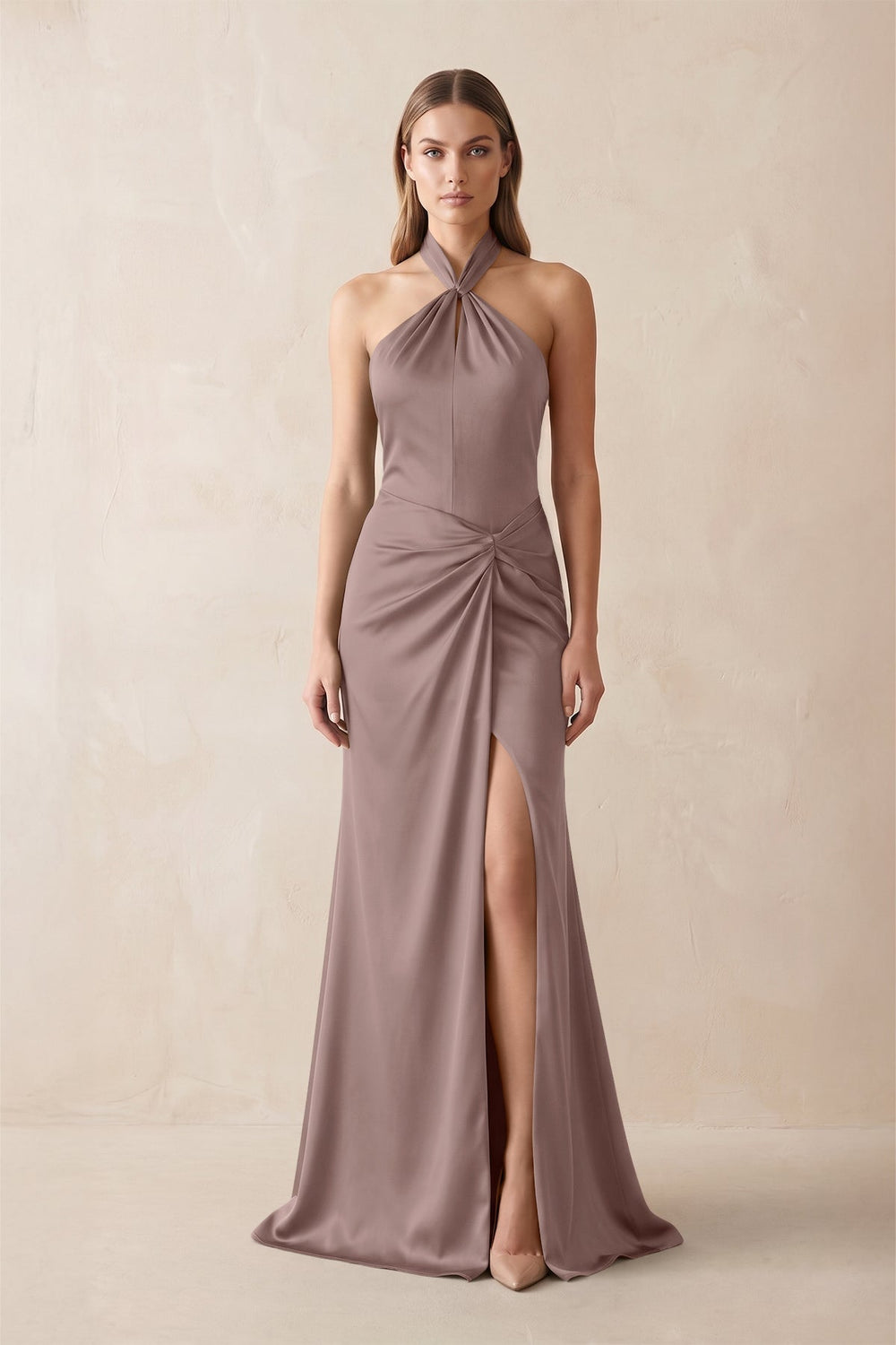 Halter Ruched Sheath Satin Bridesmaid Dress in Toffee
