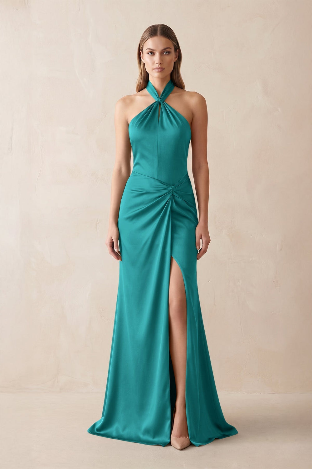 Halter Ruched Sheath Satin Bridesmaid Dress in Turquoise