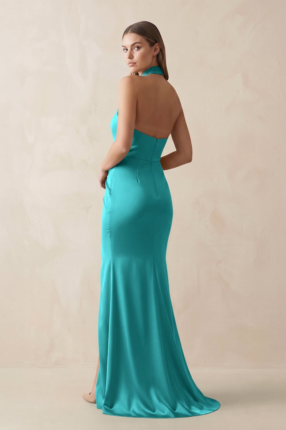 Halter Ruched Sheath Satin Bridesmaid Dress in Turquoise