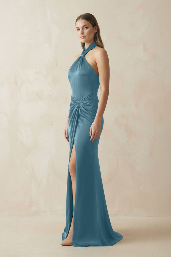 Halter Ruched Sheath Satin Bridesmaid Dress in Twilight - KISS BRIDAL Bridesmaid Dresses