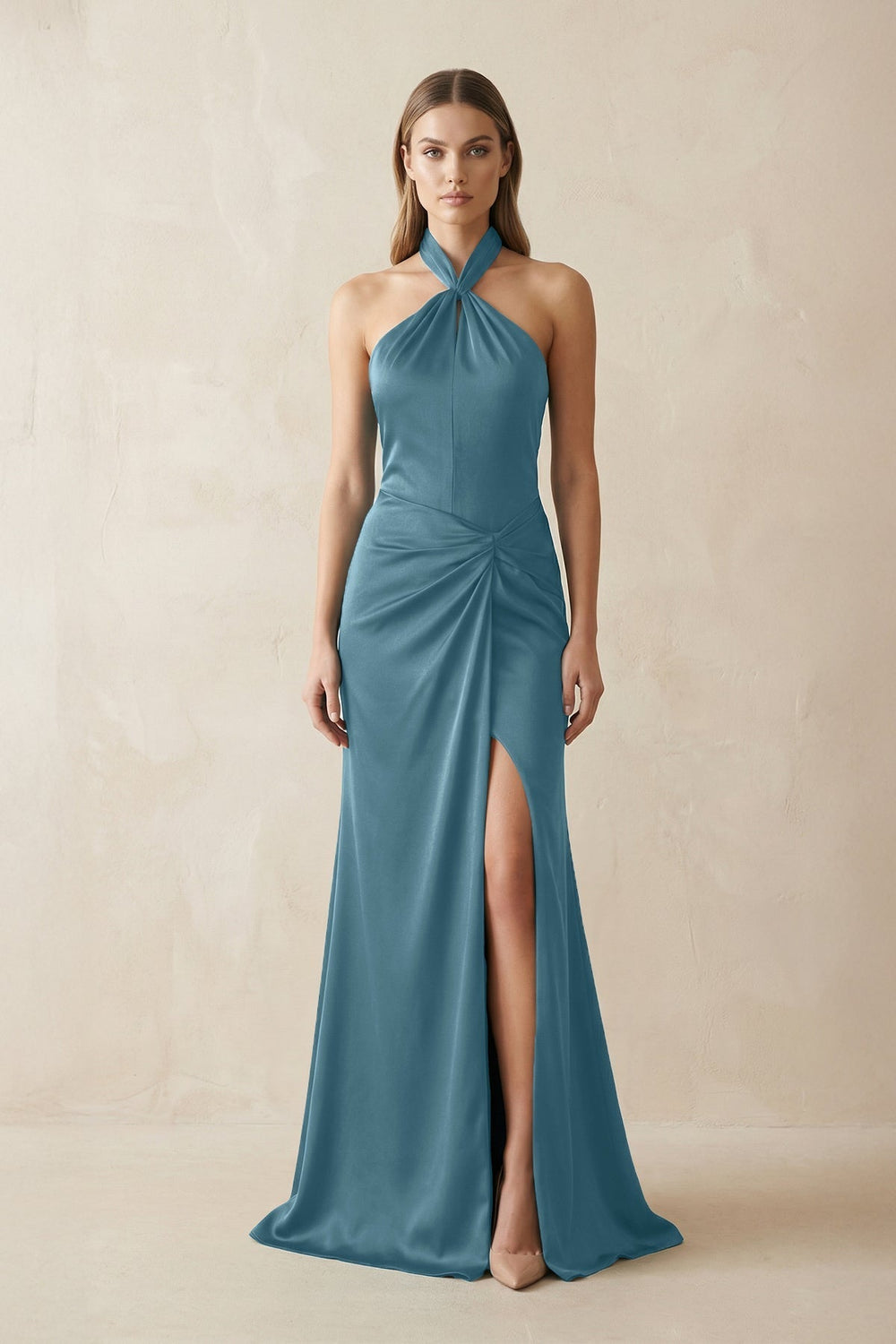 Halter Ruched Sheath Satin Bridesmaid Dress in Twilight