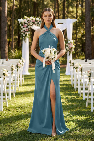 Halter Ruched Sheath Satin Bridesmaid Dress in Twilight - KISS BRIDAL Bridesmaid Dresses