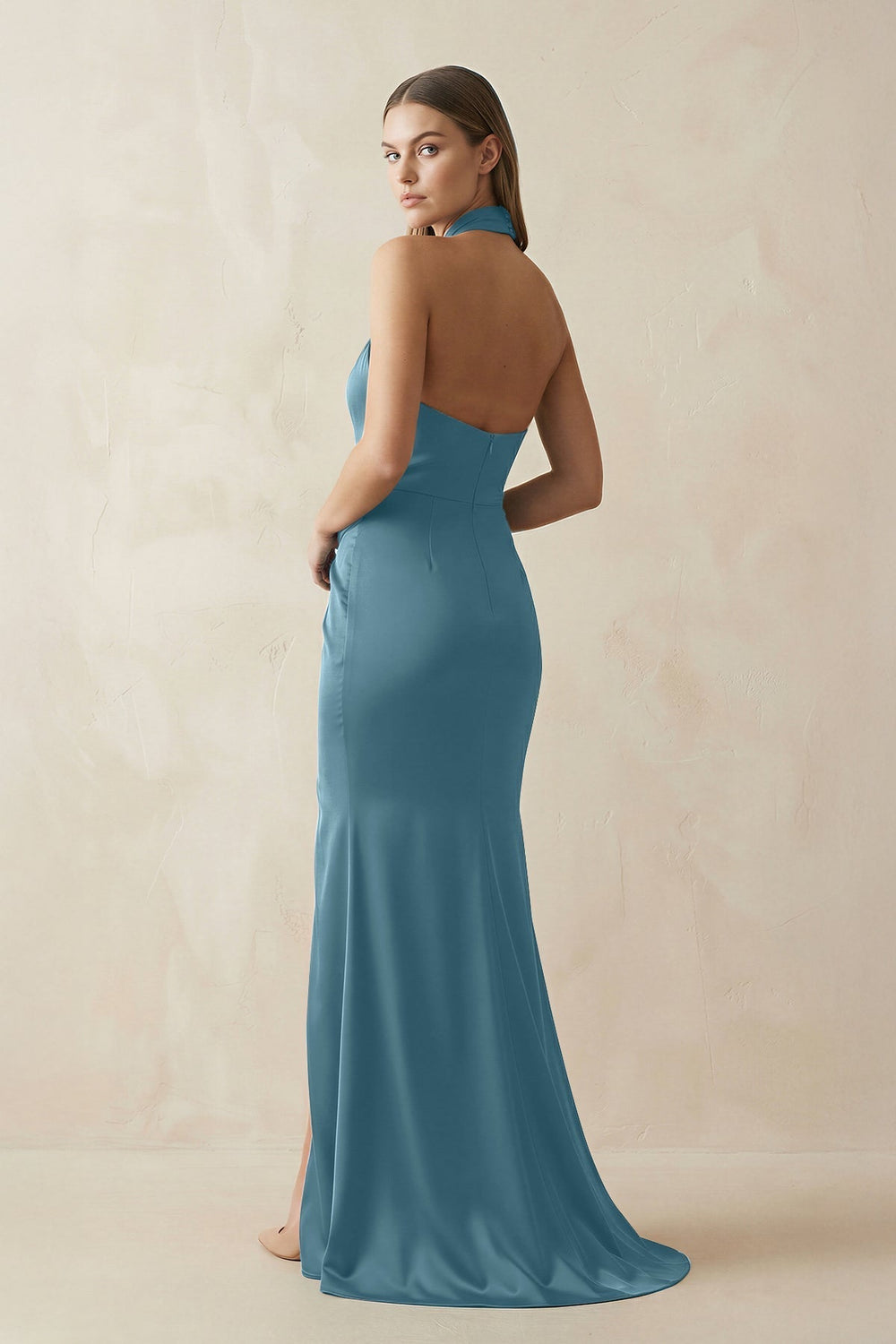 Halter Ruched Sheath Satin Bridesmaid Dress in Twilight