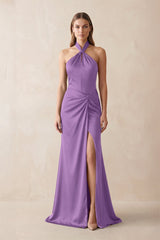 Halter Ruched Sheath Satin Bridesmaid Dress in Wisteria - KISS BRIDAL Bridesmaid Dresses