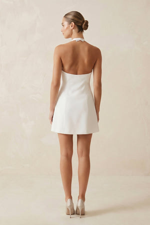 Halter Satin A - Line Mini Wedding Dress with Bow in White - KISS BRIDAL Wedding Dresses