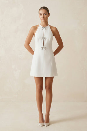 Halter Satin A - Line Mini Wedding Dress with Bow in White - KISS BRIDAL Wedding Dresses