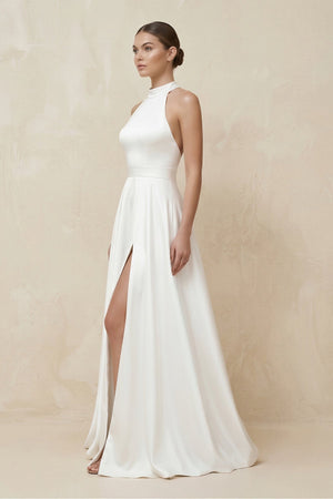 Halter Satin A - Line Wedding Dress With Slit in White - KISS BRIDAL Wedding Dresses
