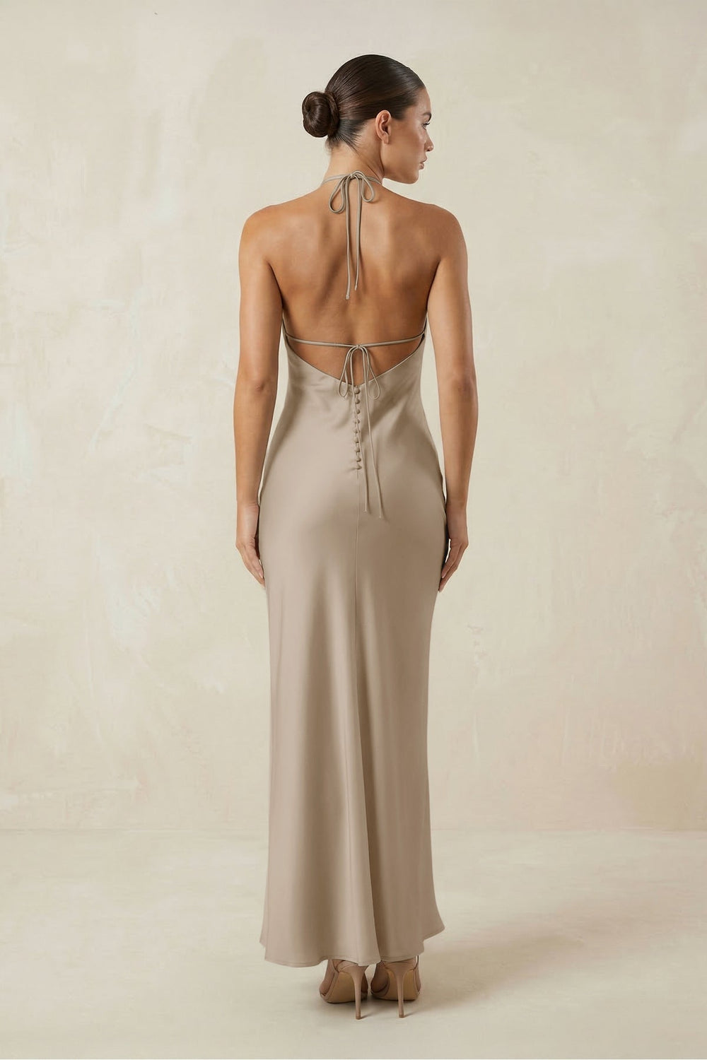 Halter Satin Sheath Midi Bridesmaid Dress in Almond