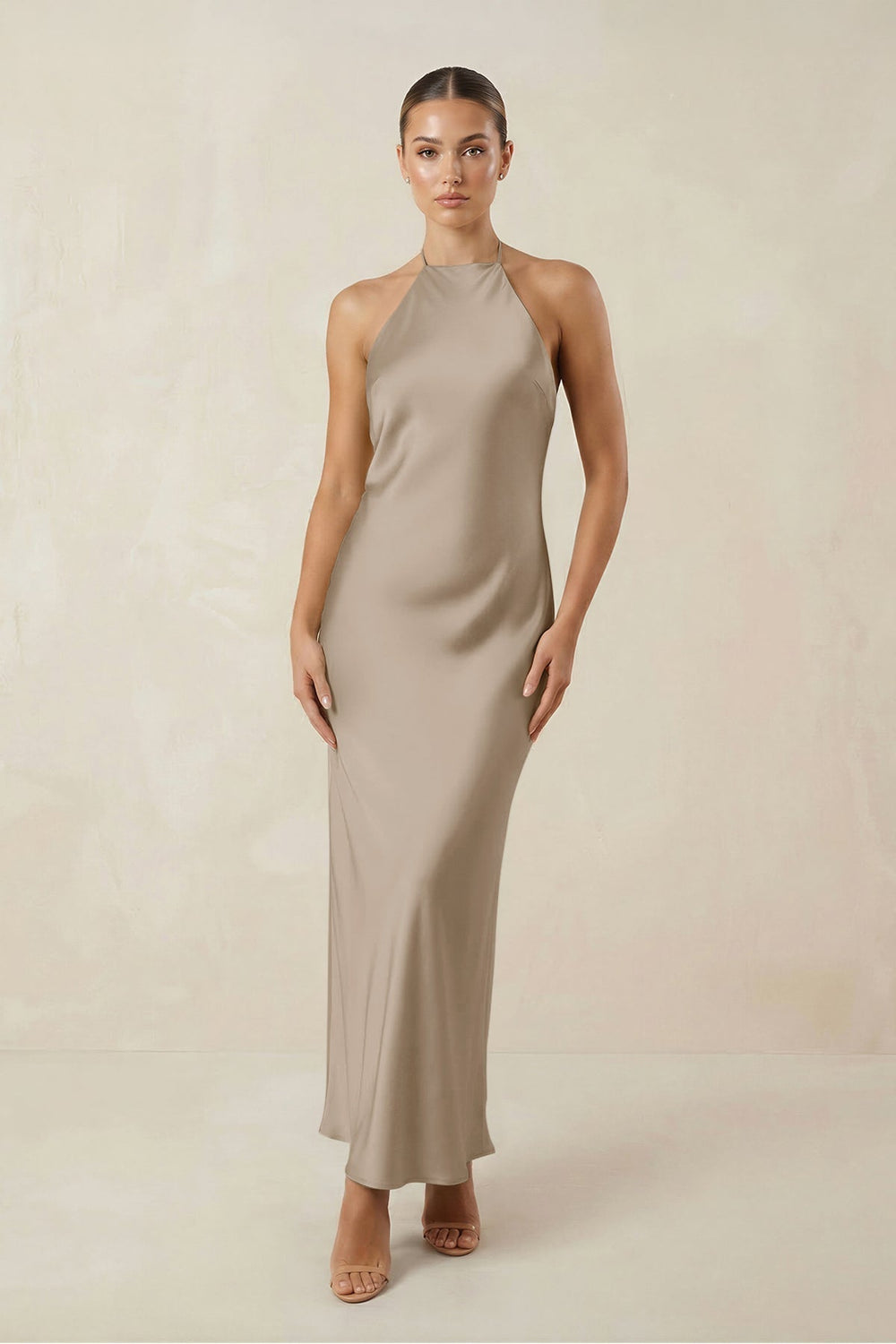Halter Satin Sheath Midi Bridesmaid Dress in Almond