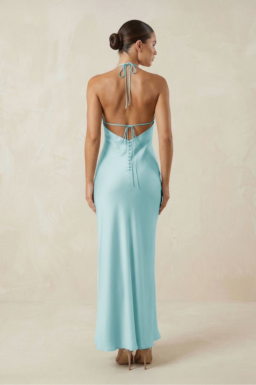 Halter Satin Sheath Midi Bridesmaid Dress in Bleached Aqua