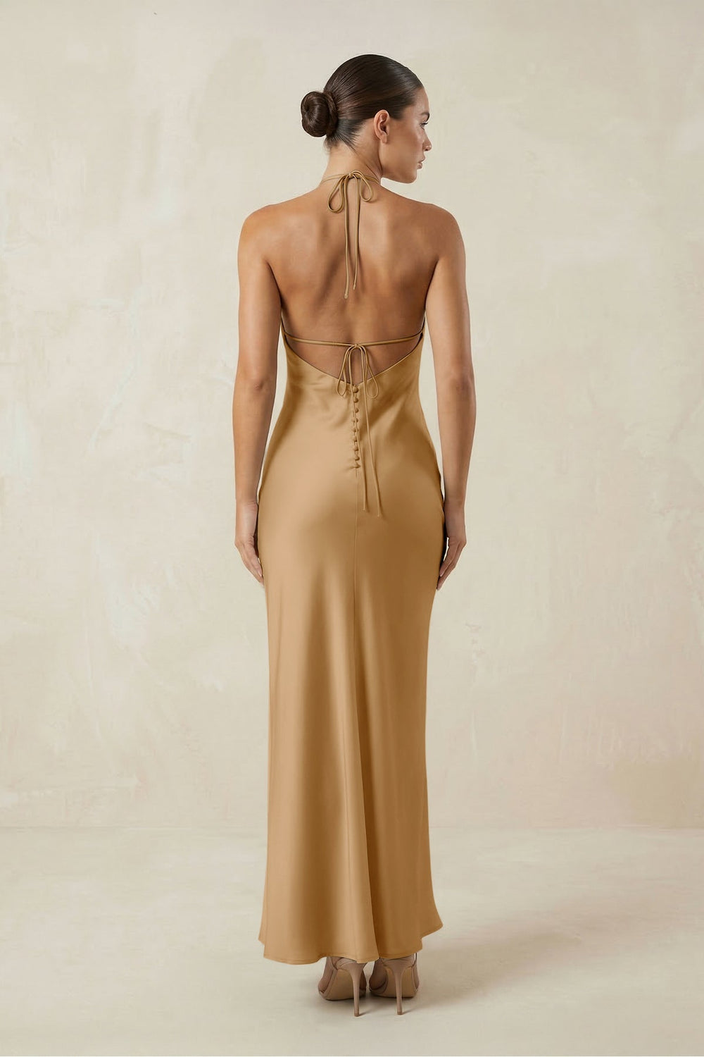 Halter Satin Sheath Midi Bridesmaid Dress in Bronzer