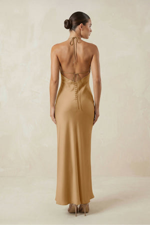 Halter Satin Sheath Midi Bridesmaid Dress in Bronzer - KISS BRIDAL Bridesmaid Dresses