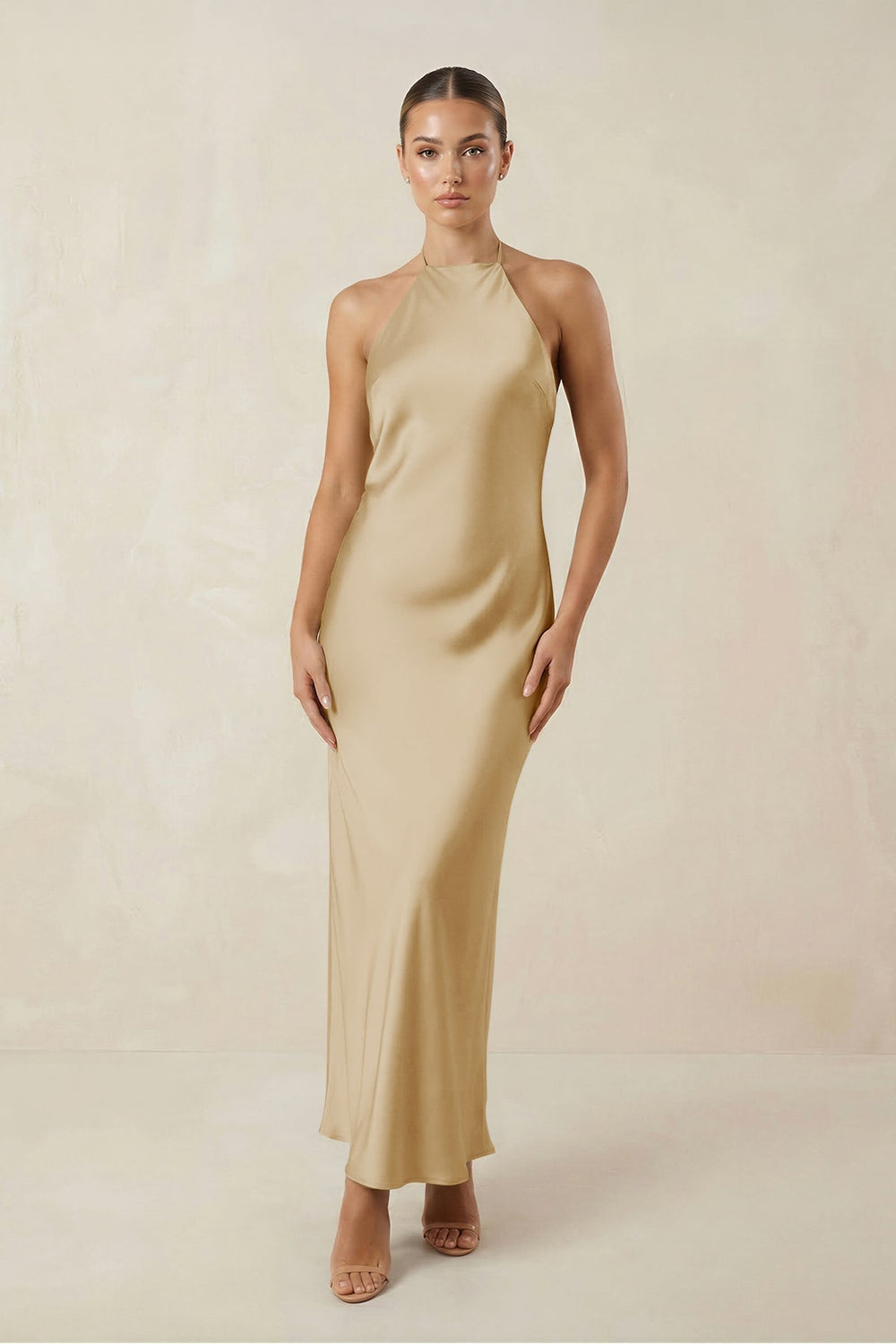 Halter Satin Sheath Midi Bridesmaid Dress in Champagne
