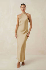 Halter Satin Sheath Midi Bridesmaid Dress in Champagne - KISS BRIDAL Bridesmaid Dresses