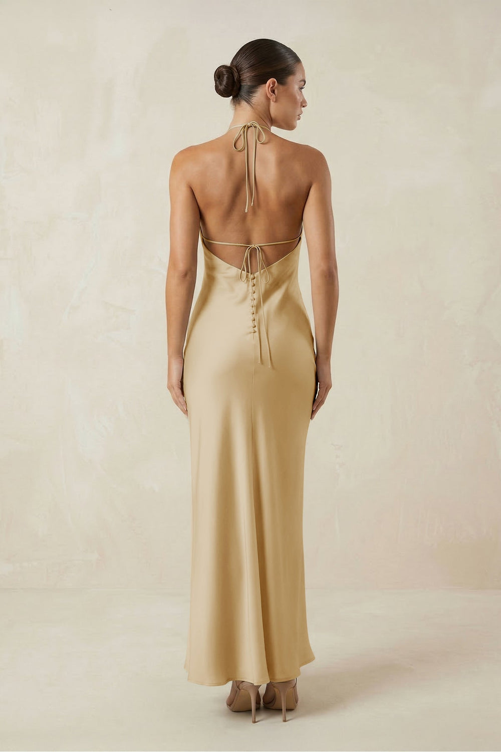Halter Satin Sheath Midi Bridesmaid Dress in Champagne