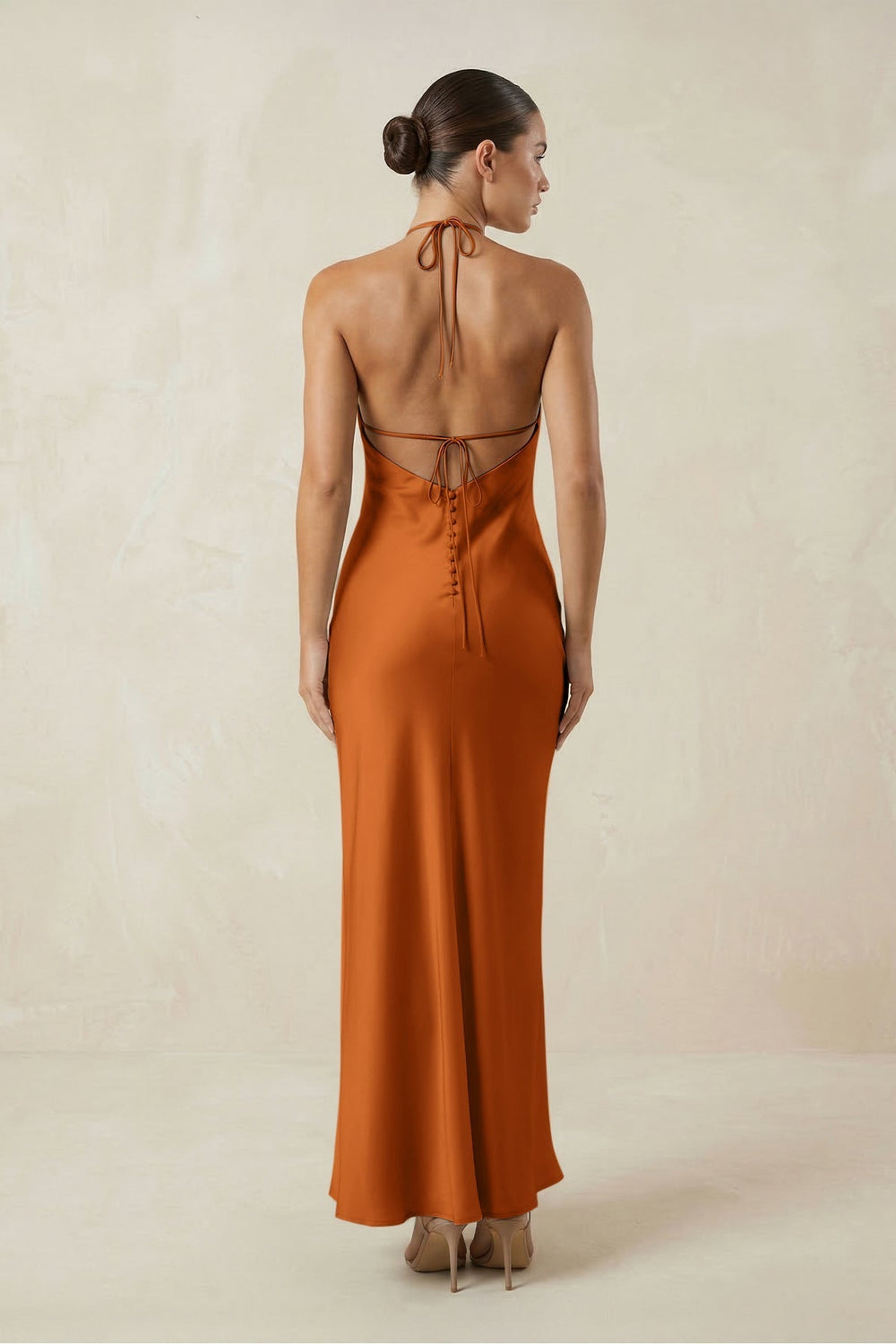 Halter Satin Sheath Midi Bridesmaid Dress in Cinnamon