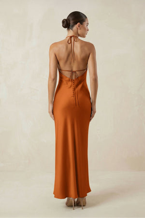 Halter Satin Sheath Midi Bridesmaid Dress in Cinnamon - KISS BRIDAL Bridesmaid Dresses