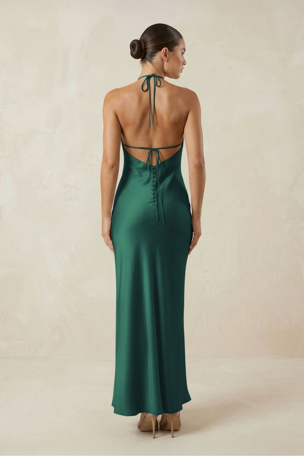 Halter Satin Sheath Midi Bridesmaid Dress in Dark Green