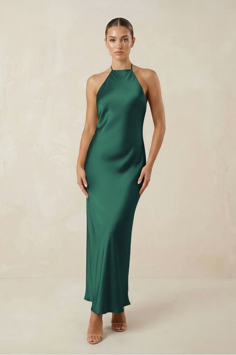 Halter Satin Sheath Midi Bridesmaid Dress in Dark Green