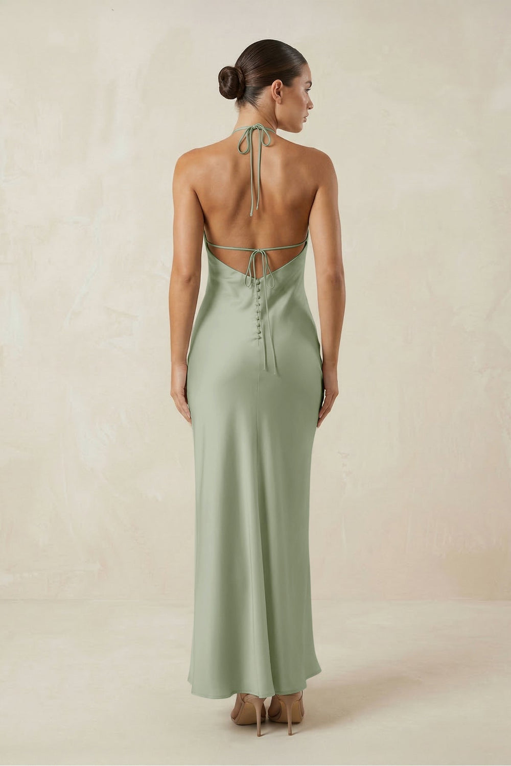 Halter Satin Sheath Midi Bridesmaid Dress in Dove Gray
