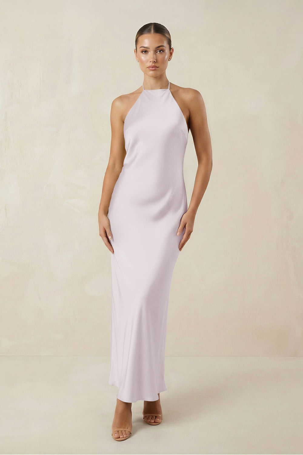 Halter Satin Sheath Midi Bridesmaid Dress in Dusk