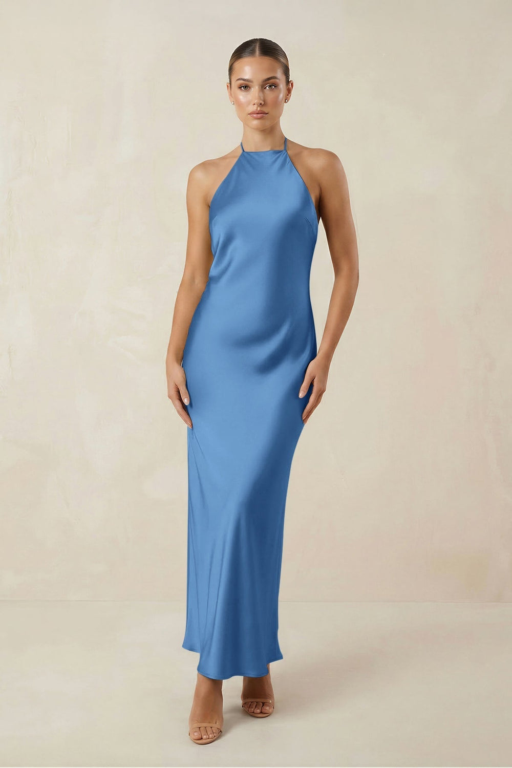Halter Satin Sheath Midi Bridesmaid Dress in Dusty Blue