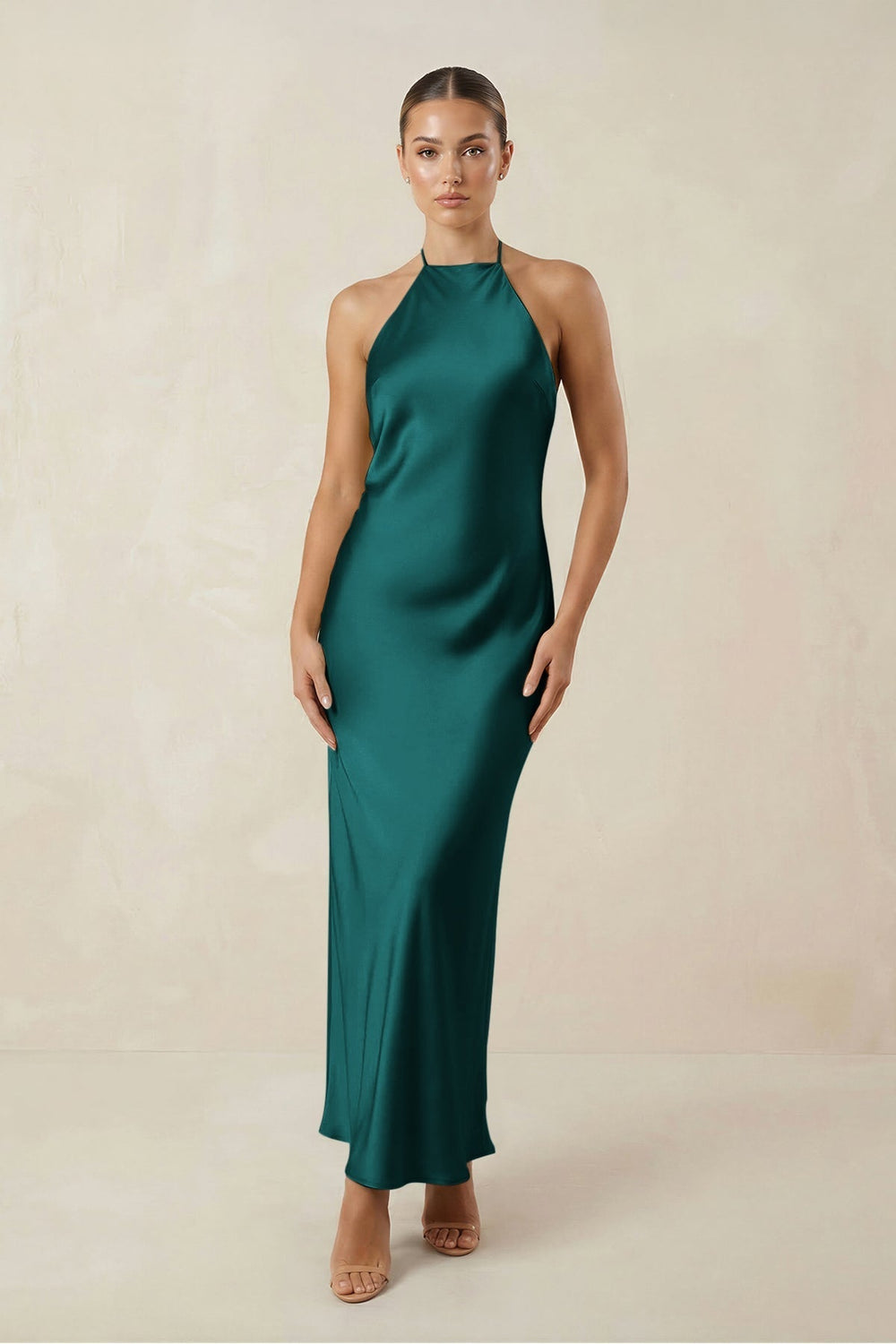 Halter Satin Sheath Midi Bridesmaid Dress in Emerald