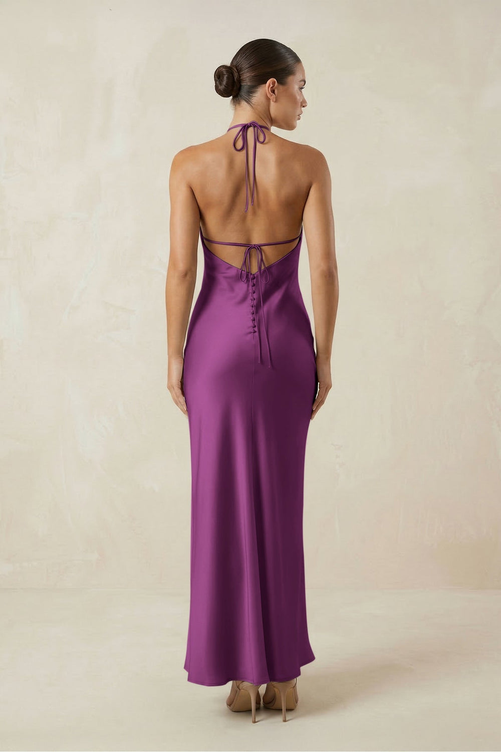 Halter Satin Sheath Midi Bridesmaid Dress in Fig