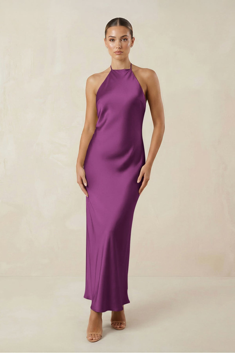 Halter Satin Sheath Midi Bridesmaid Dress in Fig
