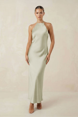 Halter Satin Sheath Midi Bridesmaid Dress in Frost - KISS BRIDAL Bridesmaid Dresses