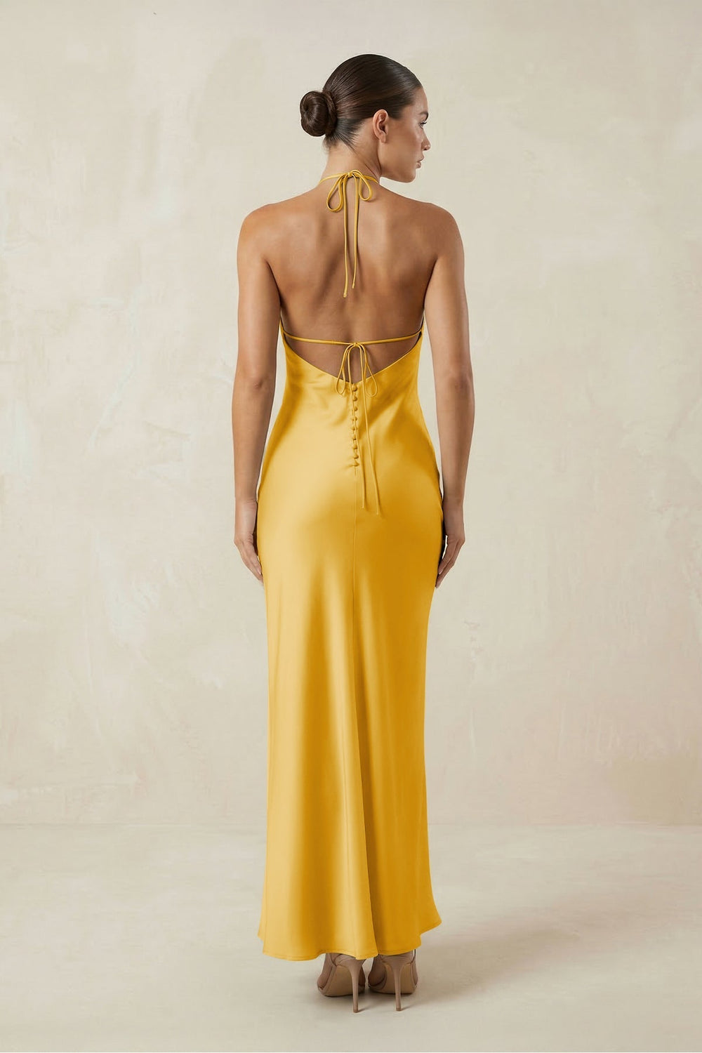 Halter Satin Sheath Midi Bridesmaid Dress in Gold