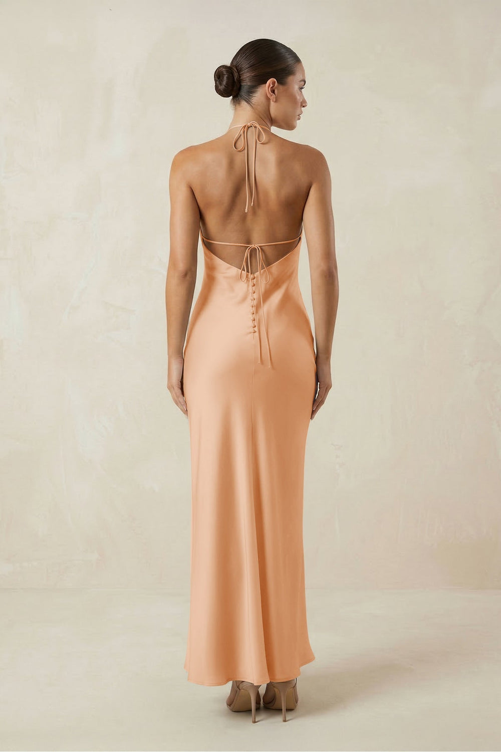 Halter Satin Sheath Midi Bridesmaid Dress in Golden Champagne