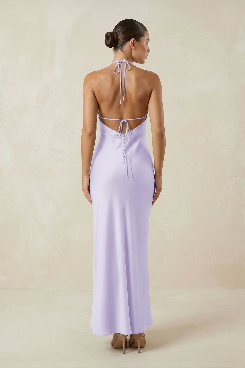Halter Satin Sheath Midi Bridesmaid Dress in Lavender