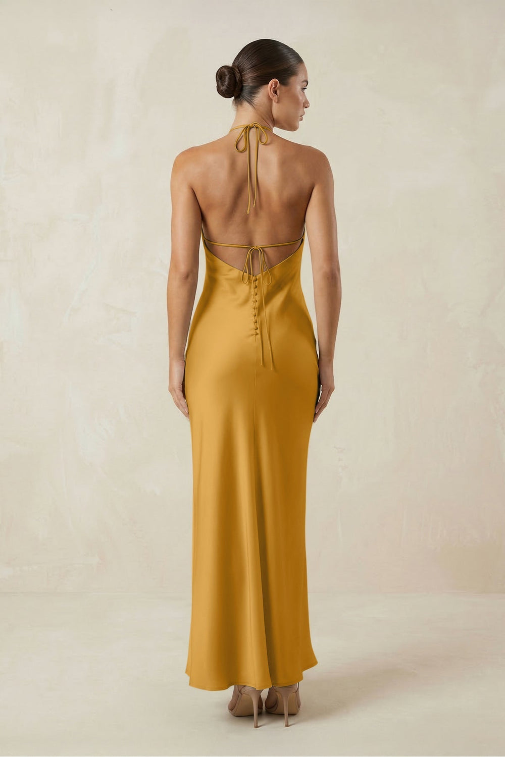 Halter Satin Sheath Midi Bridesmaid Dress in Marigold