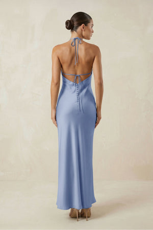 Halter Satin Sheath Midi Bridesmaid Dress in Mist - KISS BRIDAL Bridesmaid Dresses