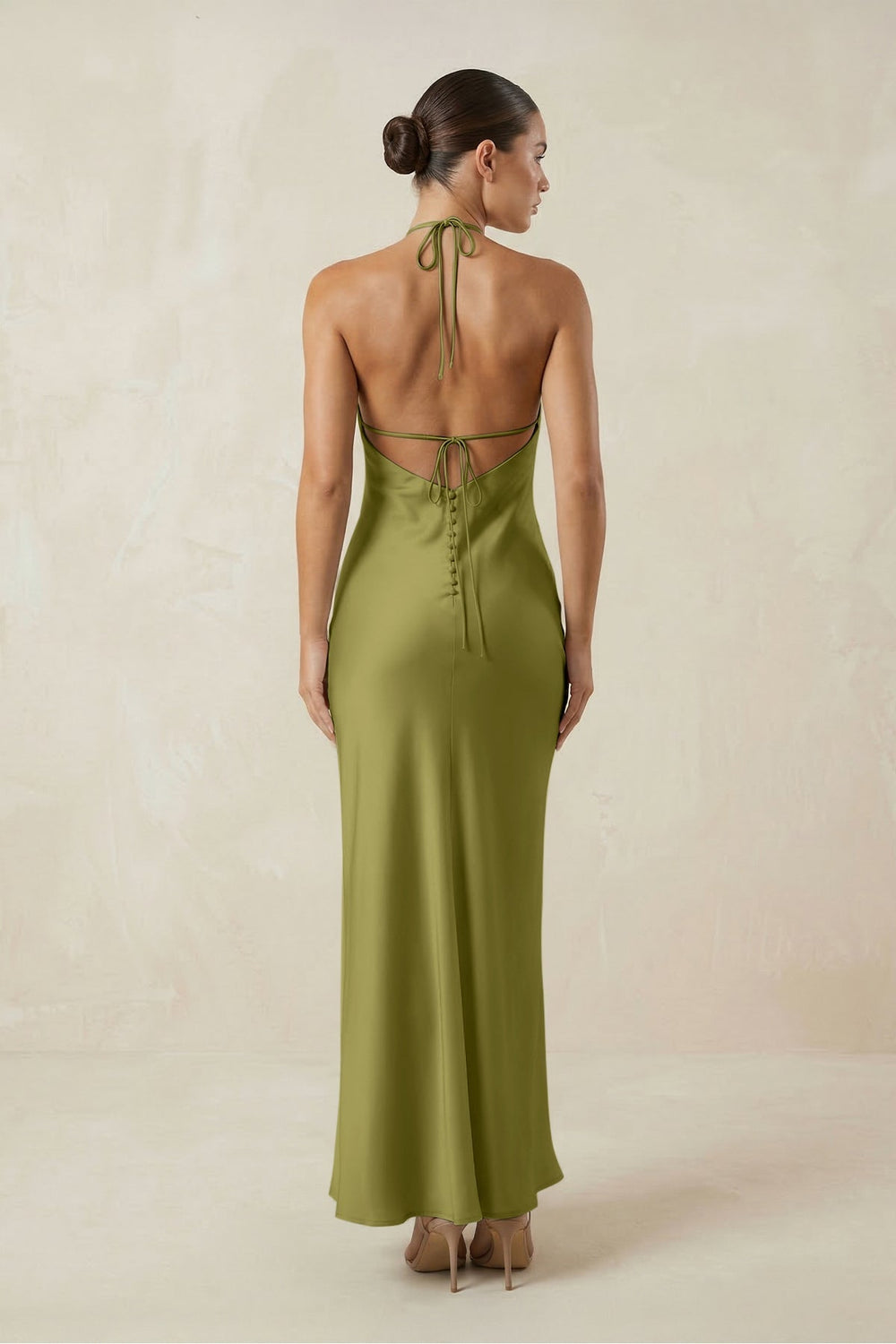 Halter Satin Sheath Midi Bridesmaid Dress in Moss Green
