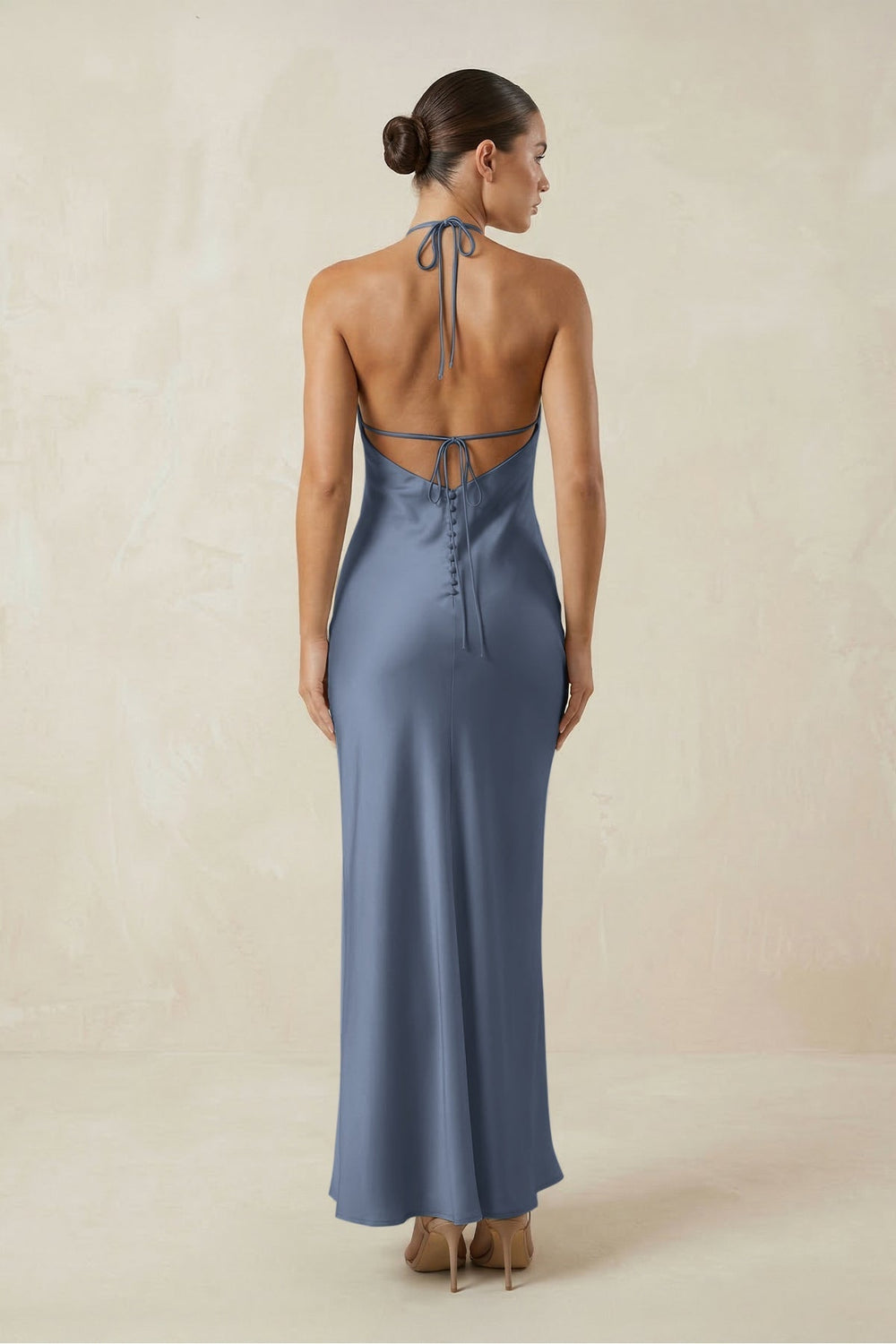 Halter Satin Sheath Midi Bridesmaid Dress in Neptune